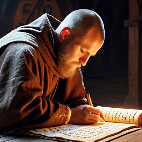 **Image of a medieval Slavic monk meticulously writing in a Cyrillic scriptorium. The scene is illuminated by candlelight, showcasing the beauty of early Cyrillic calligraphy on parchment.**