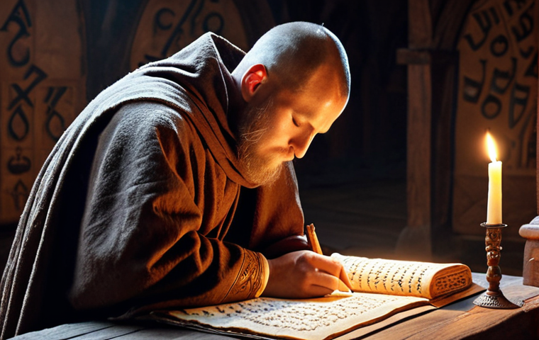 **Image of a medieval Slavic monk meticulously writing in a Cyrillic scriptorium. The scene is illuminated by candlelight, showcasing the beauty of early Cyrillic calligraphy on parchment.**