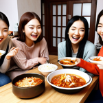 **Prompt:** A group of Russian friends gathered around a table in a cozy kitchen, laughing and enjoying a homemade Korean feast. Kimchi jjigae simmers in a pot, and bowls of bibimbap are ready to eat. The atmosphere is warm and inviting, showcasing the joy of experiencing Korean cuisine in a Russian home. Focus on the smiles and shared experience of friendship. Use realistic rendering, natural lighting, and shallow depth of field to draw the viewer in.