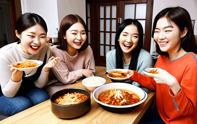 **Prompt:** A group of Russian friends gathered around a table in a cozy kitchen, laughing and enjoying a homemade Korean feast. Kimchi jjigae simmers in a pot, and bowls of bibimbap are ready to eat. The atmosphere is warm and inviting, showcasing the joy of experiencing Korean cuisine in a Russian home. Focus on the smiles and shared experience of friendship. Use realistic rendering, natural lighting, and shallow depth of field to draw the viewer in.